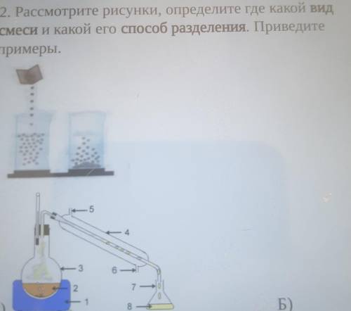 Рассмотрите рисунок Определите где Какой вид смеси и какое его разделения. Приведите примеры​