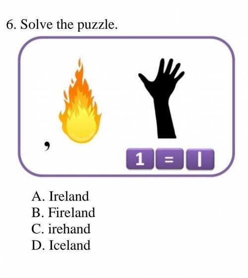 Solve the puzzleA:IrelandB:FirelandC:IrehandD:IcelandE:Firearm​