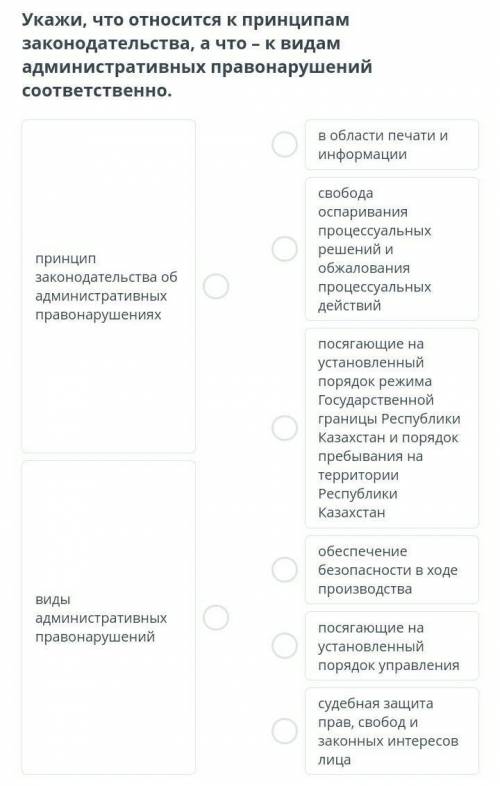 Укажи, что относится к принципам законодательства, а что – к видам административных правонарушений с