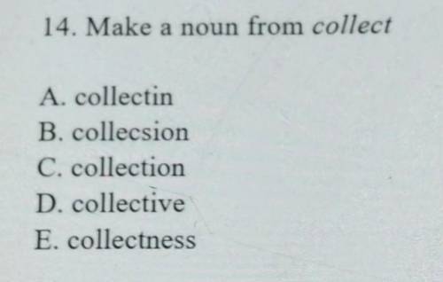14. Make a noun from collect A. collectinB. collecsionC. collectionD. collectiveE. collectness​