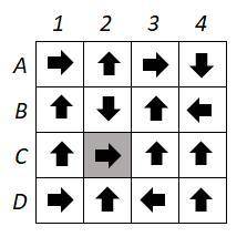 В квадрате 4×4 в отмеченной серым цветом клетке стоит фишка. За одно действие фишка перемещается в с