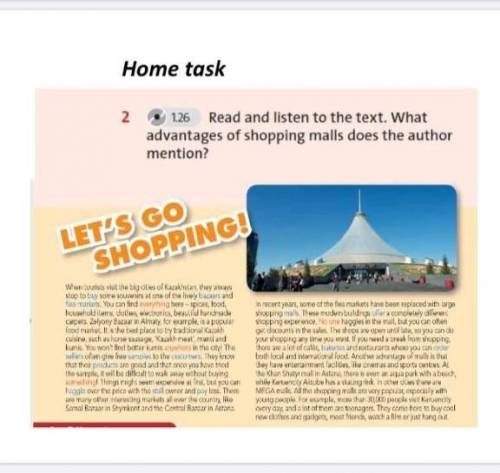 Read and listen to the text.What advantages of shopping malls the author mention?​