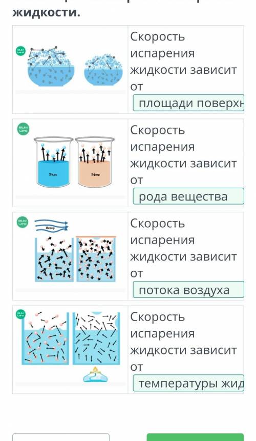 Правильно расположи факторы, влияющие на скорость испарения жидкости.​