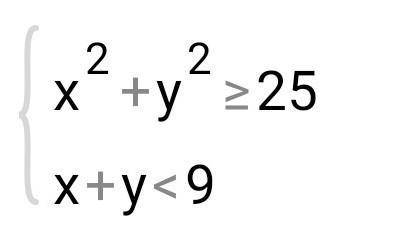 Решите систему неравенствx^2+y^2>=25 (x²+y²≥25)x+y<9​