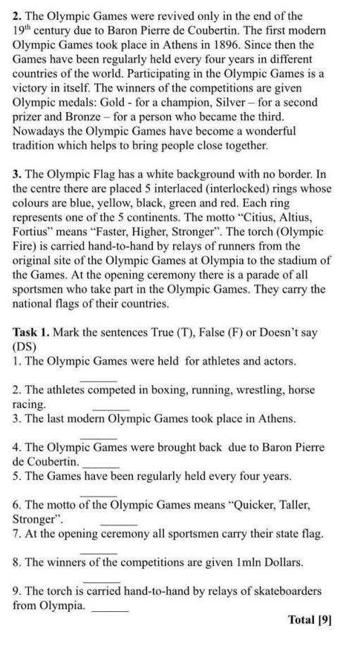 Read the text and mark the sentences True (T), False (F) or Doesn't say (DS)Olympic Games1. An athle