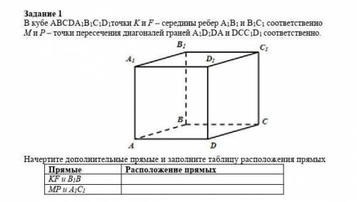 В кубе АВСDA1B1C1D1точки K и F – середины ребер A1B1 и B1C1 соответственно M и P – точки пересечения