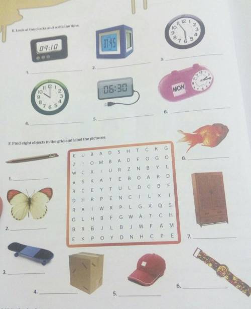 1)Задание:Look at the clocks and write the time. 2)Задание Find eight objects in the grid and label