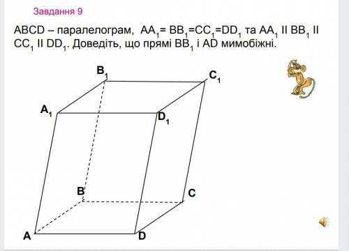 abcd - параллелограмм. aa1=bb1=cc1=dd1 та AA1 || BB1 || CC1 || DD1. Доведіть, що прямі BB1 і AD мимо