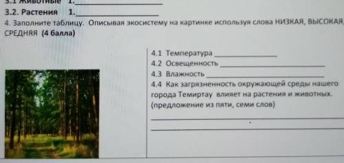 4. Заполните таблицу. Описывая экосистему на картинке используя слова НИЗКАЯ, ВЫСОКАЯ, СРЕДНЯЯ ( )4.