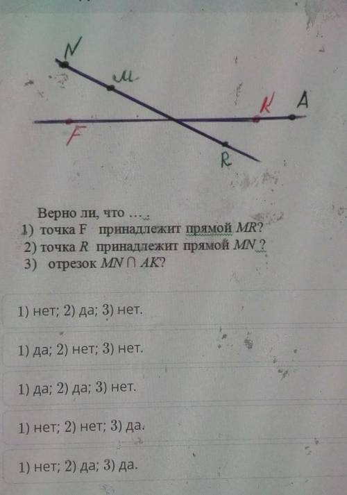 Верно ли, что 1) точка F принадлежит прямой MR?2) точка R принадлежит прямой MN ?3) отрезок MN0 АК?1