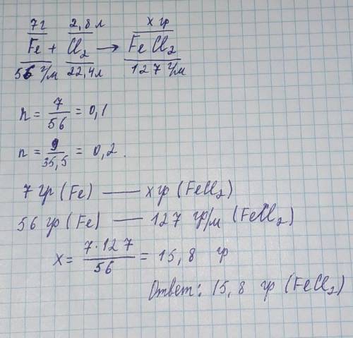 Вычислите массу хлорида железа (II), образующегося при взаимодействии 7 гжелеза и 2.8 л (н.у.) хлора