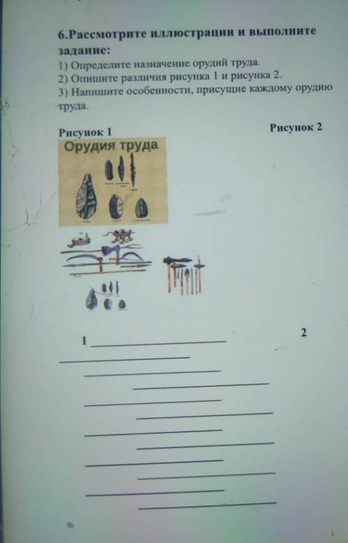 6. Рассмотрите иллюстрации и выше wame:1) Определите назначение оруди труда2) Ошите различия рисунка