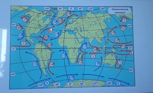 Карта по географии Установите соответствие между океаническими течениями и их положением на карте( ц