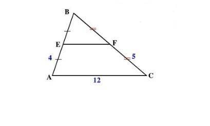 В треугольнике АВС средняя линия ЕF длит стороны треугольника на отрезки АЕ=4 см и СF=5 см. Основани