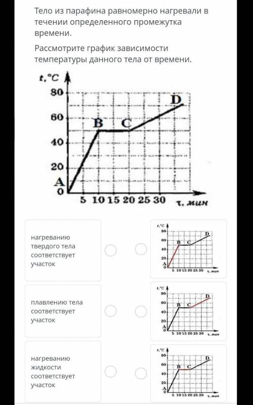 Тело из парафина равномерно нагревали в течении определенного промежутка времени. рассмотрите график