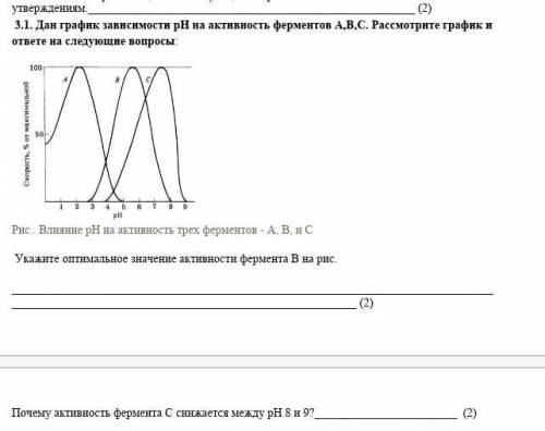 Дан график зависимости рН на активность ферментов А,В,С. Рассмотрите график и ответе на следующие во