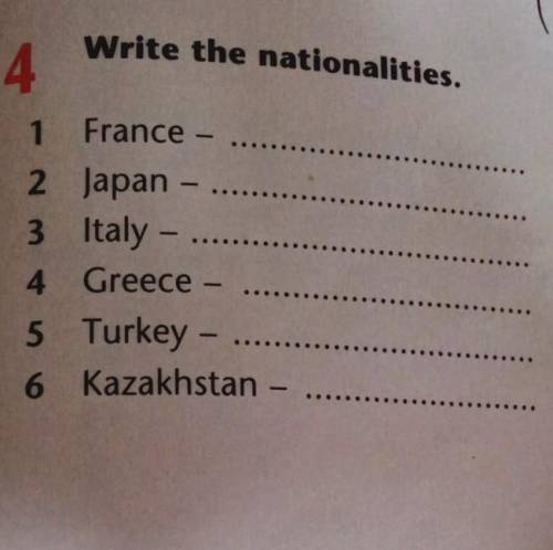 Write the nationalities. 41 France -2 Japan -3 Italy -4 Greece -5 Turkey -6 Kazakhstan -Points:6 X 2