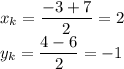 x_k=\dfrac{-3+7}{2}=2\\y_k=\dfrac{4-6}{2}=-1