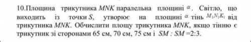 Площина трикутника МNK паралельна площині a. Світло, що виходить точки S, утворює площині а тінь МіN