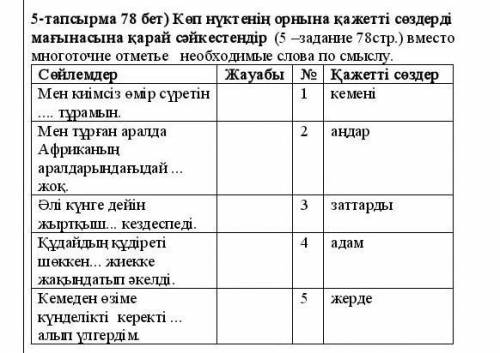 Көп нүктенің орнына қажетті сөздерді мағынасына қарай сәйкестендір (5 –задание 78стр.) ​