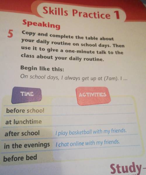 Speaking 5 Copy and complete the table aboutyour daily routine on school days. Thenuse it to give a