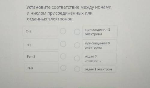 Установите соответствие между ионами и числом присоединённых илиотданных электронов. O-2 H+Fe+3N-3пр