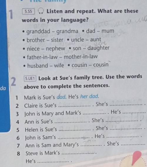 Look at Sue's family tree. Use the words above to complete the sentences. Mark is Sue's dad. He's he