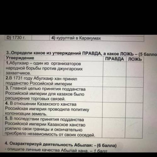 3..Определи какое из утверждений ПРАВДА, а какое Ложь – ( ) Утверждение ПРАВДА ЛОЖЬ 1.Абулхаир — оди