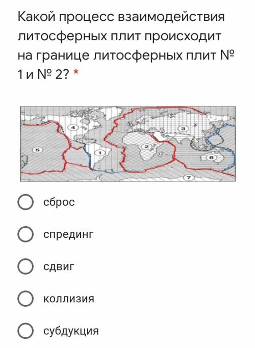 Какой процесс взаимодействия литосферных плит происходит на границе литосферных плит №1 и умоляю ​