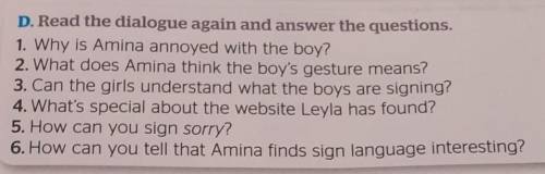 D. Read the dialogue again and answer the questions. 1. Why is Amina annoyed with the boy?2. What do