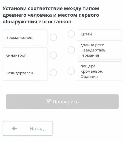 Установи соответствие между типом древнего человека и местом первого обнаружения его останков.​