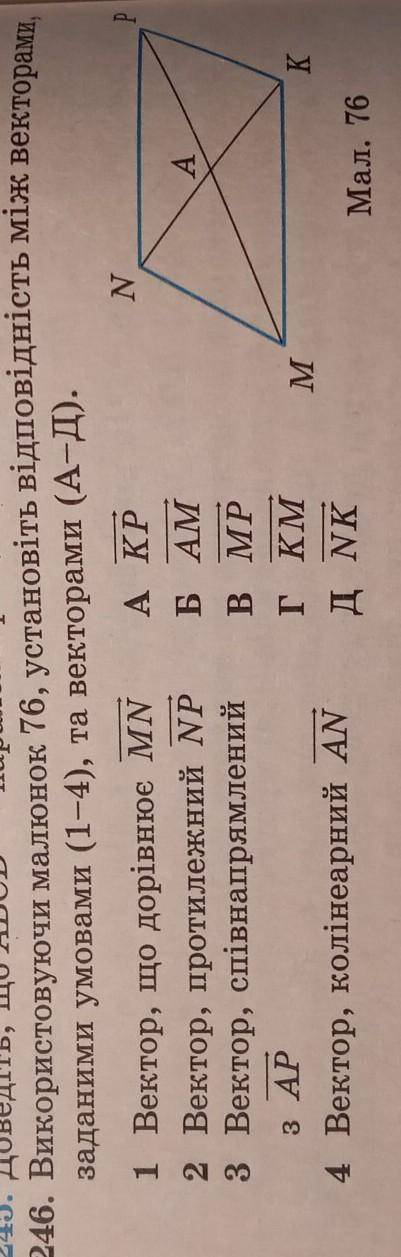 використовуючи малюнок 76 установіть відповідність між векторами заданими умовами (1-4), та векторам