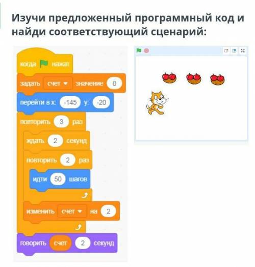 Изучи предложенный программный код и найди соответствующий сценарий: Спрайт: КотДействие:Переходит о