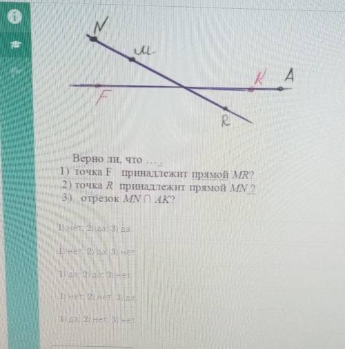 ПОМАГИТЕ У МЕНЯ СОЧ M.4FRВерно ли, что 1) точка F принадлежит прямой MR?2) точка R принадлежит прямо
