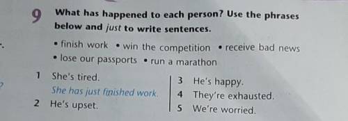 9 What has happened to each person? Use the phrasesbelow and just to write sentences.• finish work •