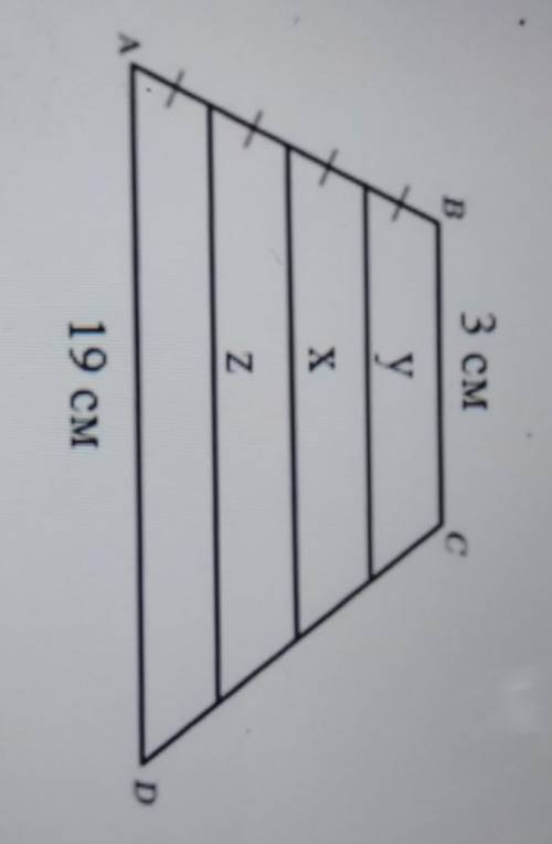 основание трапеции ABCD 4 см и 16 см проведённые параллельно к основаниям трапеции делит его боковые