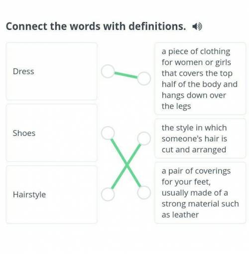 Connect the words with definitions. DressShoesHairstylea piece of clothing for women or girls that c