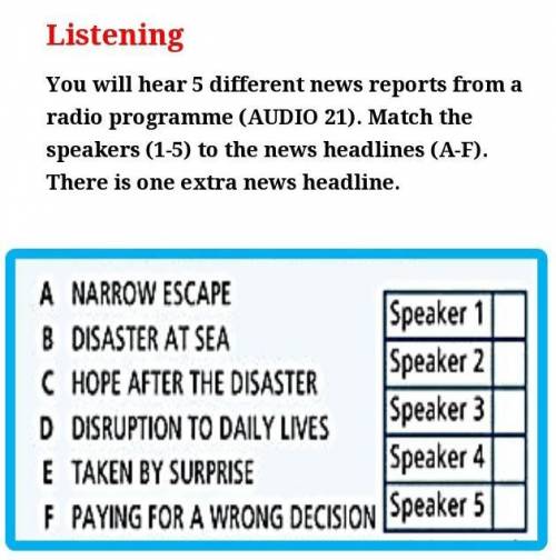 You will hear 5 different news reports from a radio programme (AUDIO 21). Match the speakers (1-5) t