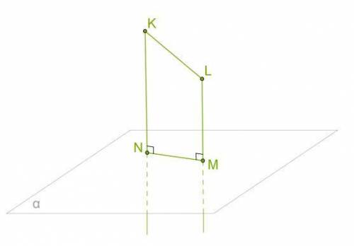 Две прямые образуют прямой угол с плоскостью α. Длина отрезка KN= 34,5 cm, длина отрезка LM= 26,5 см