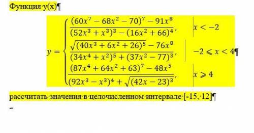 Дана функция, вычисляющая значение переменной y в зависимости от переменной x. Дан интервал целых чи