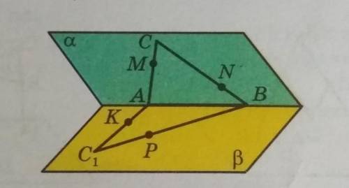 Трикутники ABC i ABC1 лежать у різних площинах. На сторонах AC, CB, BC1 i С1А позначили точки M, N,