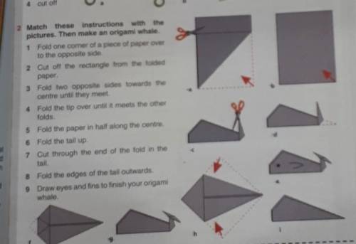 Match these instructions with the pictures. Then make an origami whale.1 Fold one corner of a piece