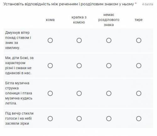 Установіть відповідність між реченням і розділовим знаком у ньому