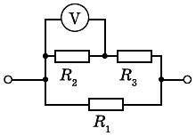 Якою є загальна сила струму в колі, якщо вольтметр показує 10 В, а опір кожного резистора 5 Ом?
