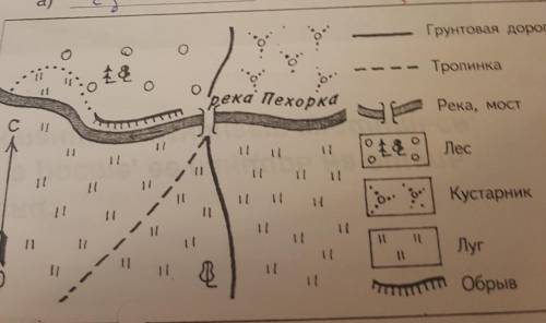 1-2. Определи по плану, в каком направлении: а) проходит обрыв от моста; б) проходит грунто-вая доро