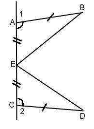Дано: E - середина AC AB=CD= угол 1 = углу 2 Доказать что треугольник EDC равен треугольнику EAB