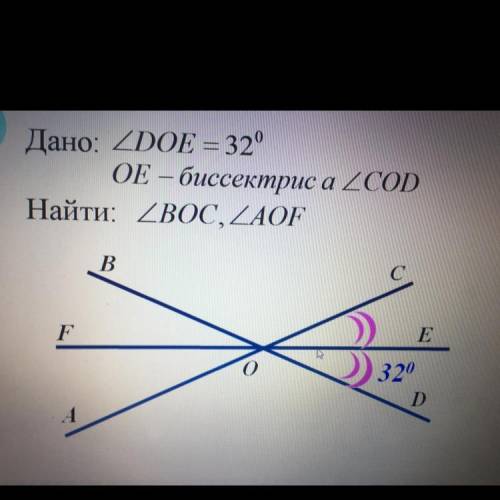 Дано: угол.DOE = 32° OE – биссектриса угла COD Найти: угол BOC, угол AOF