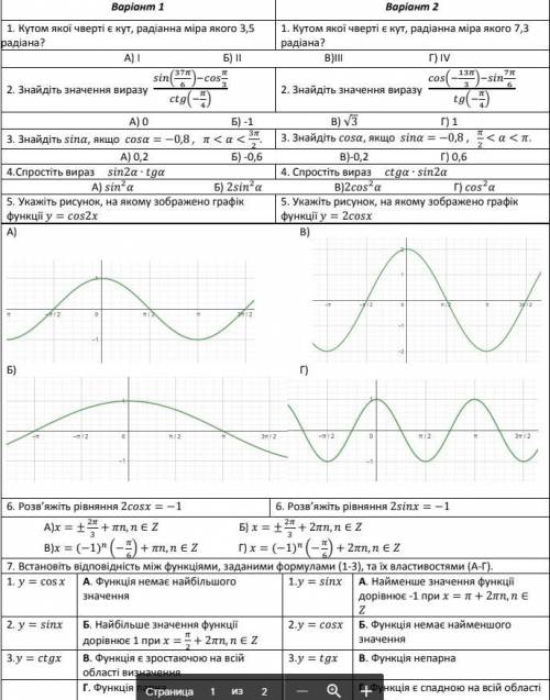 Контрольна робота : «Тригонометричні функції» й ВАРИАНТ