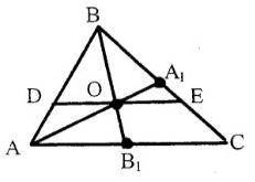 В треугольнике ABC проведены медианы AA1 и BB1, которые пересекаются в точке O. DE параллельная AC (