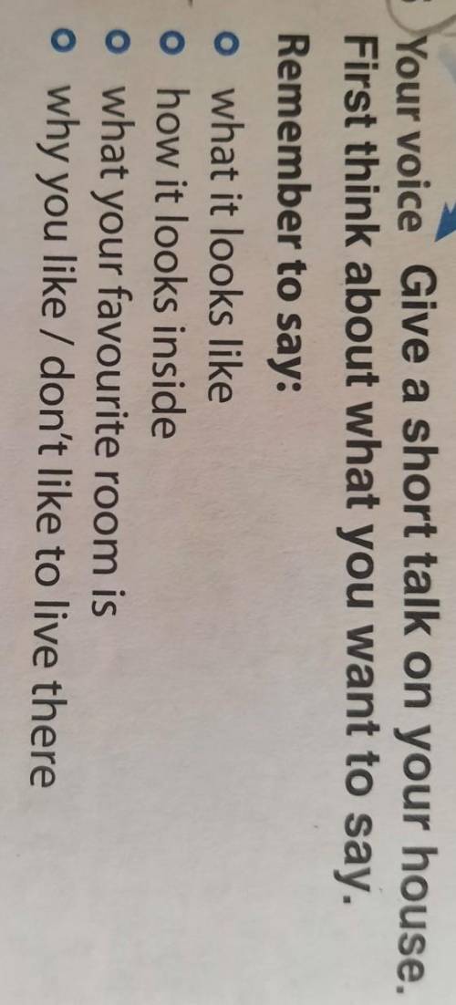 Your voice Give a short talk on your house. First think about what you want to say.Remember to say:o
